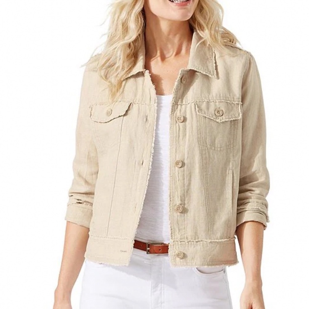 Tommy Bahama Linen Two Palms Long Sleeve Tan Fringe Jacket Women's Size Small